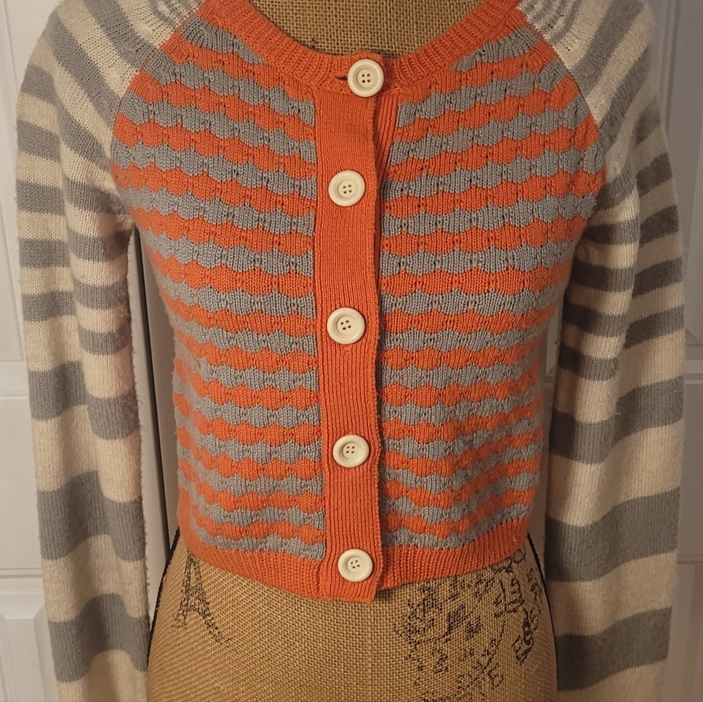ANTHROPOLOGIE Lili's Closet Sunset Sails Crop Stripe Cardigan, GUC, S, Coral/Gry